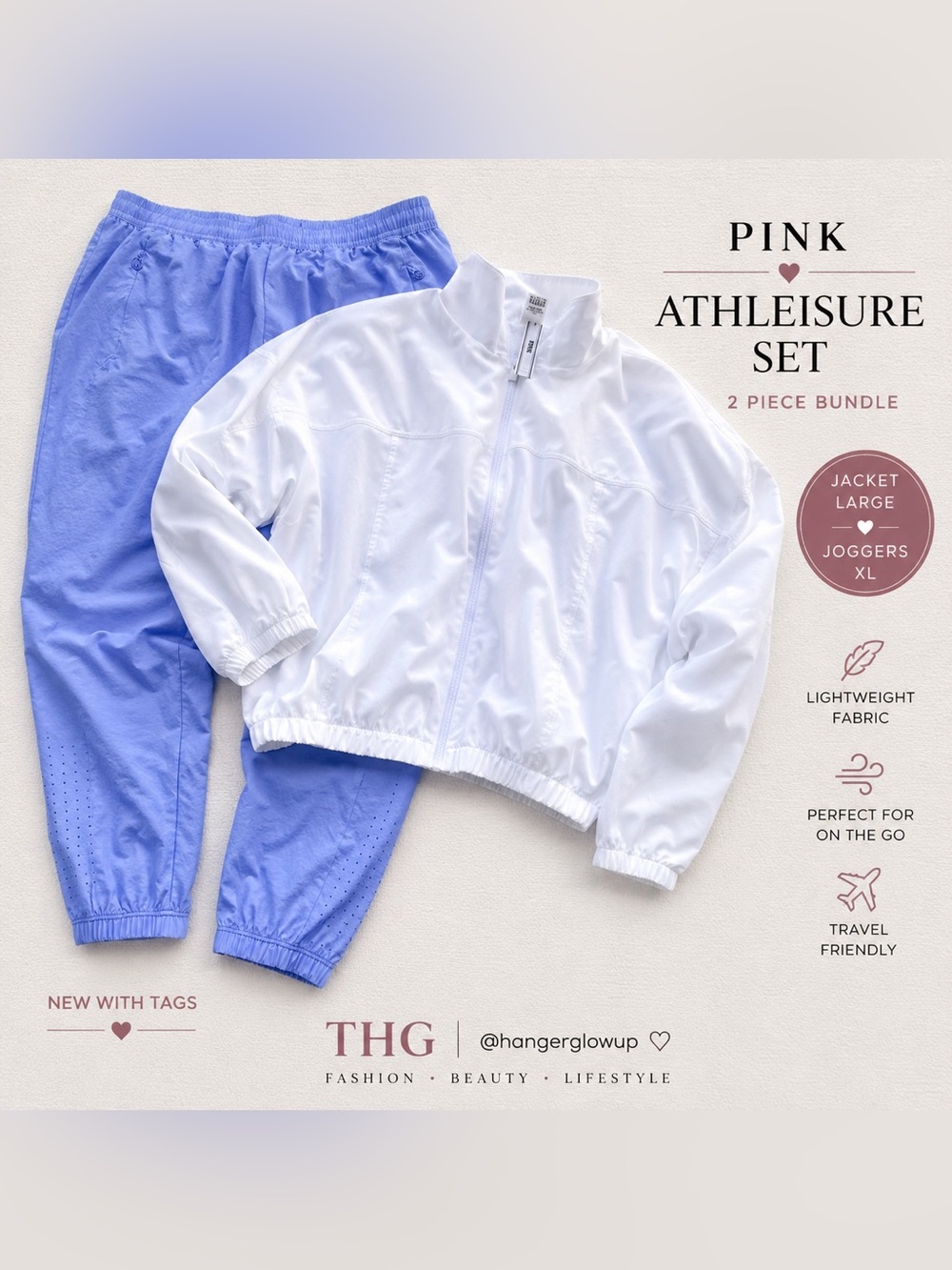 PINK Periwinkle Windbreaker Jogger Set NWT Large/XL